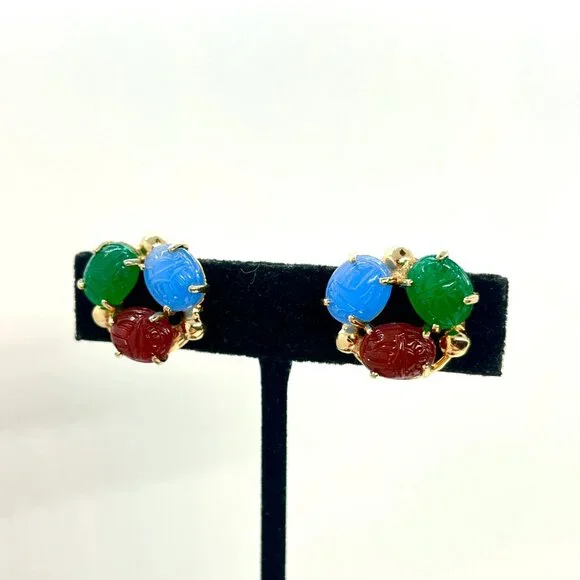 Vintage GLASS SCARAB Earrings Egyptian Revival Gold Tone Screwback - Picture 4 of 13